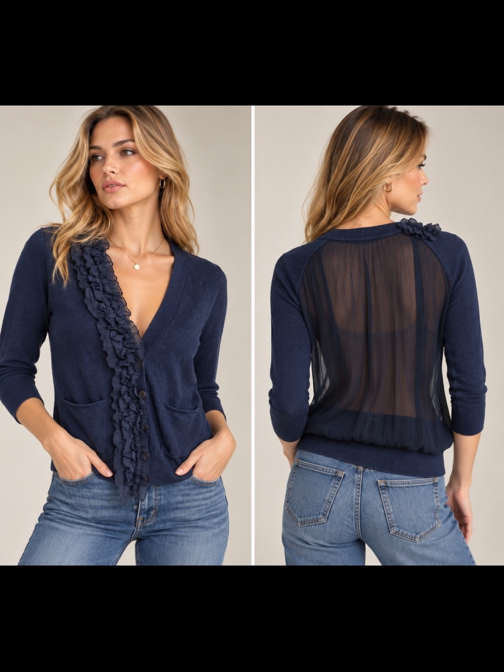 Vintage Y2K Juicy Couture Navy Cardigan Cotton Cashmere 100% Silk Back Petite P